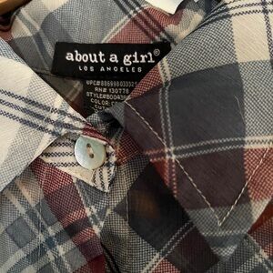 About A Girl Plaid Button-Down Shirt in Navy, Burgundy and Cream